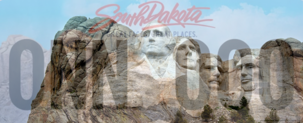 A detailed view of Mount Rushmore with the South Dakota slogan overlay.